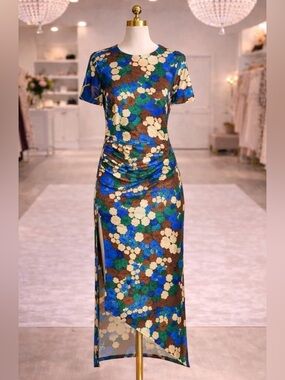 ANIM Floral Midi Dress Blue Green Brown Short Sleeve Ruched Slit M NWT